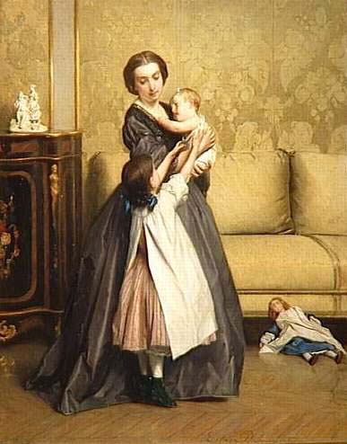 Gustave Leonard de Jonghe Jeune mere et ses enfants dans un salon